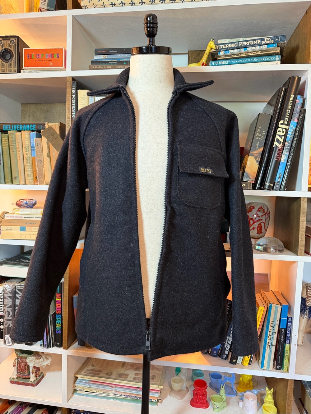 Black Zip-Up Wool Jacket with Chest Pocket